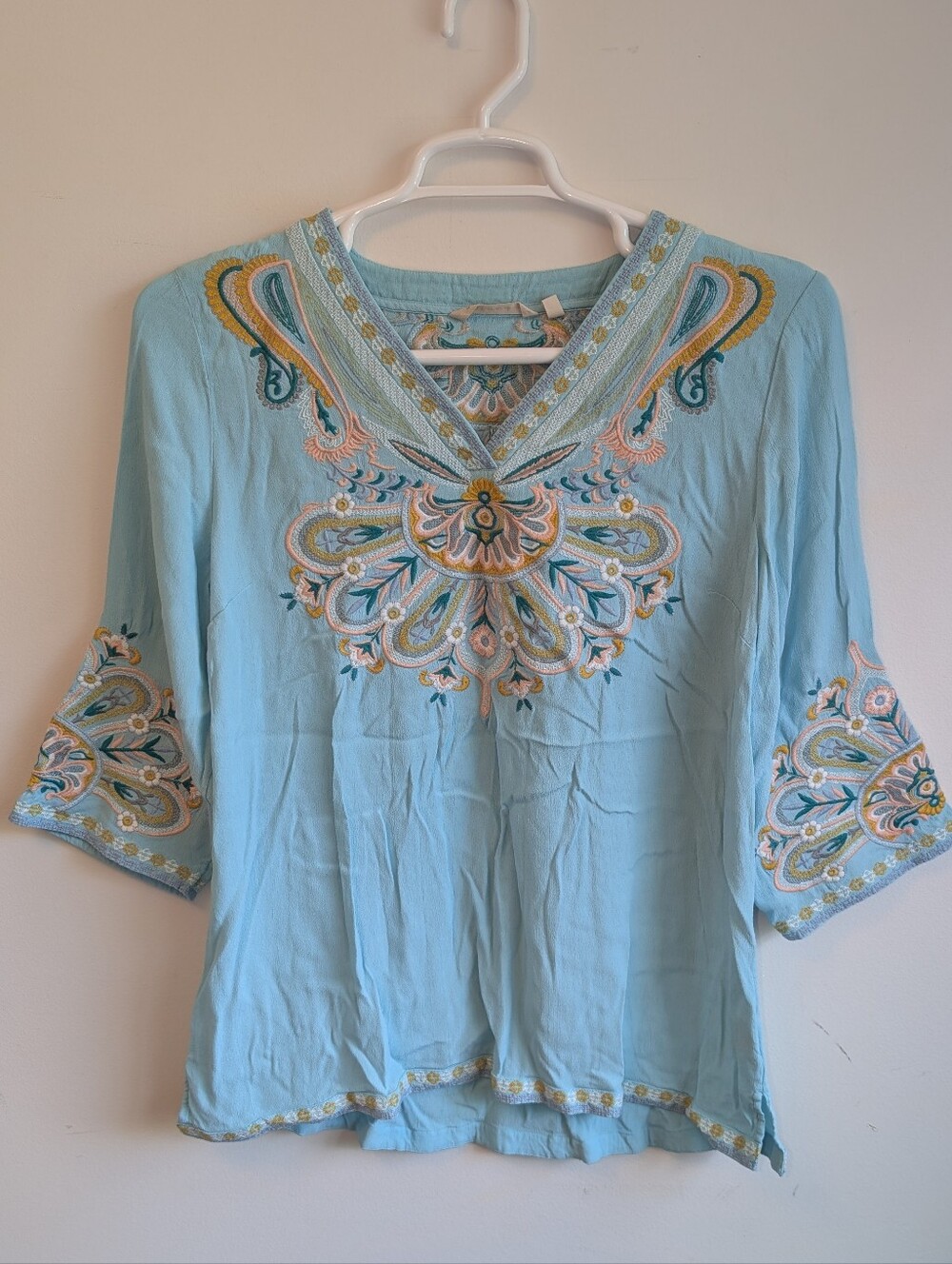 Soft Surroundings Light Blue Embroidered V-Neck Tunic